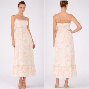 LIKELY NEW Raffy Ivory Pastel Floral Ruffle Tie Waist Maxi Dress SZ 12 Coquette